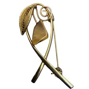 VINTAGE Tiger Eye Japanese Mid Century Modern Estate Abstract Gold Tone Brooch